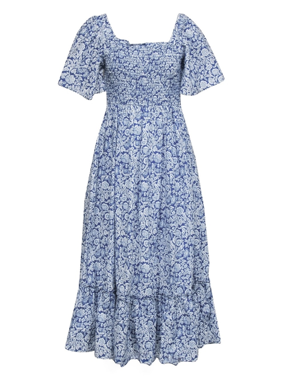 Pink City Prints Blue Floral Smocked Cotton Maxi Dress Size XSmall